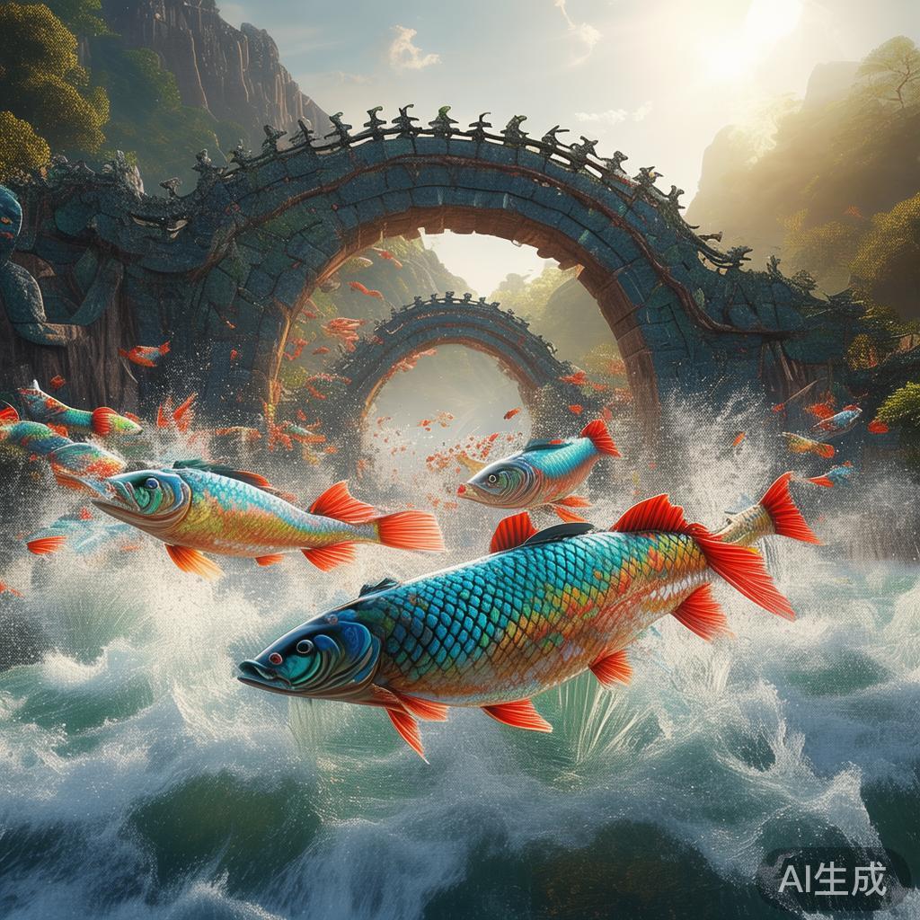 “鱼跃龙门”源自中国古代传说，象征着努力、奋发向上